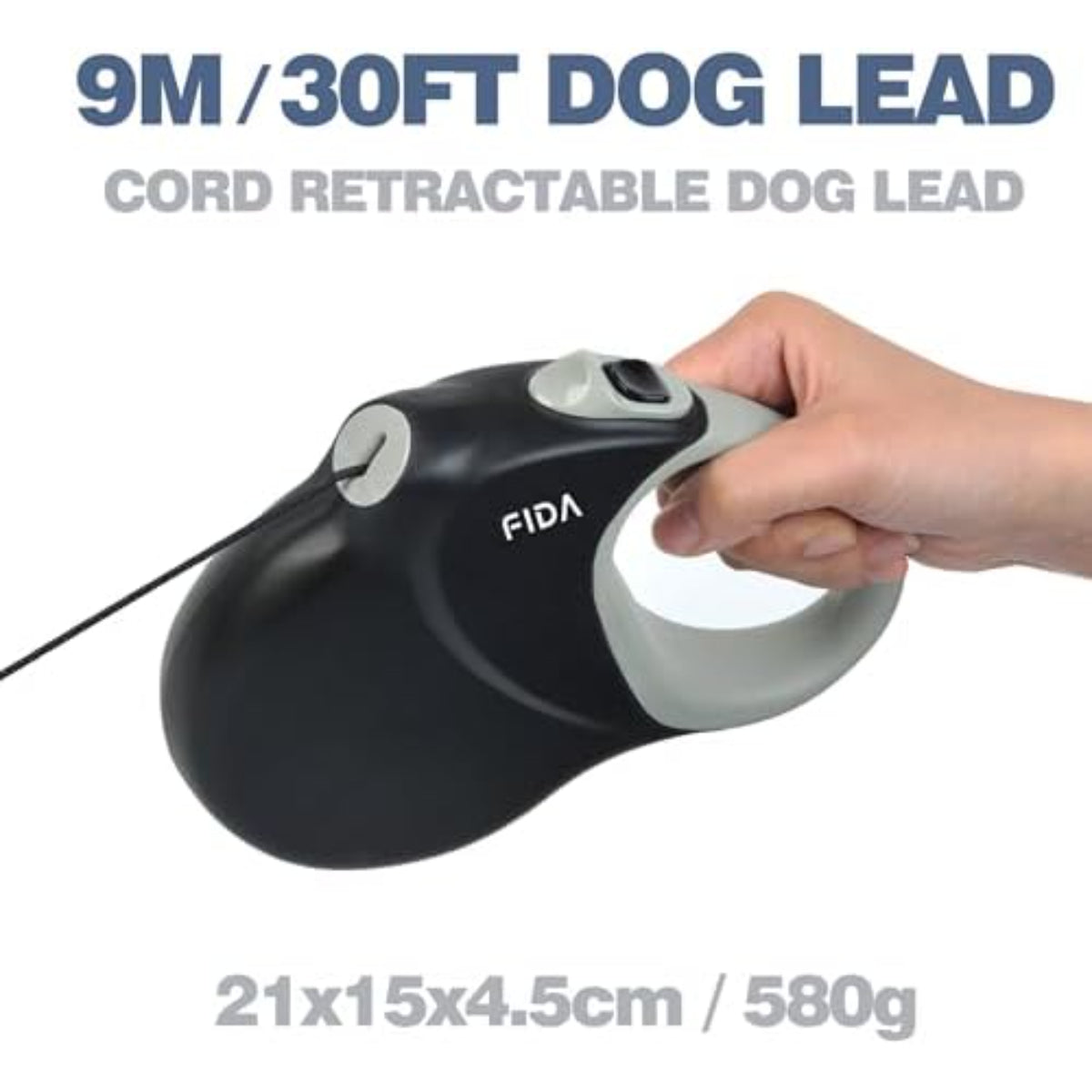 Retractable Dog Lead 9m/30FT – Heavy Duty Extendable Cord for Medium and Large Dogs up to 50kg, Black
